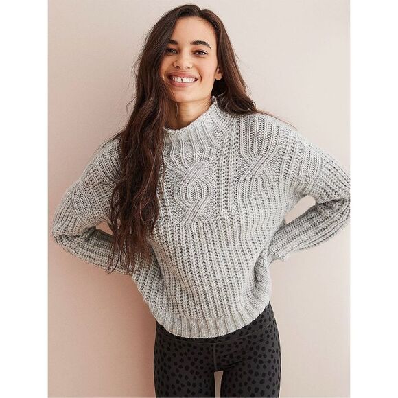 ✨AERIE Cable Mock Neck Laine Wool Grey Sz Medium Sweater✨ - Picture 2 of 7